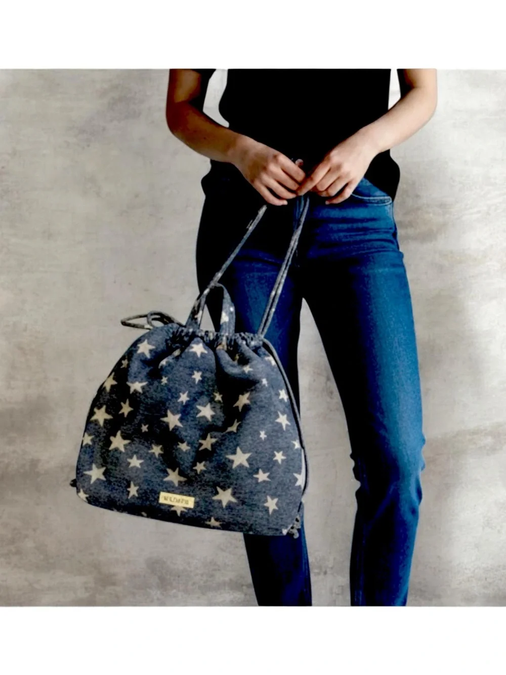 Wildfox Blue Star-Print Denim Drawstring Backpack